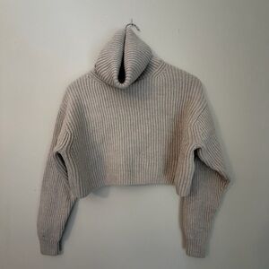 Cropped Babaton Ribbed Cream Turtleneck Sweater 100% Marino Wool Fits Medium